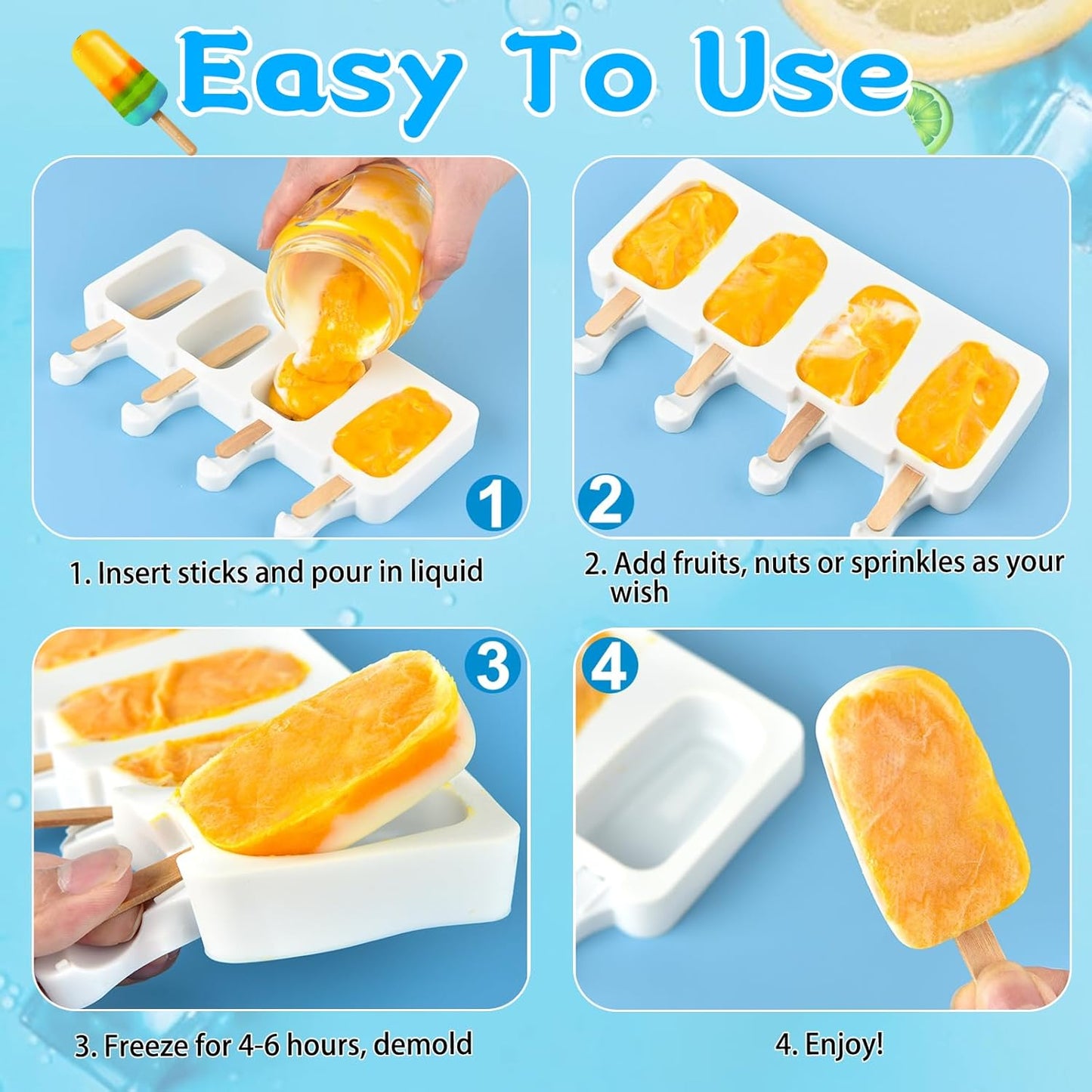 4 Set Silicone Popsicle Molds 4 Cavities Ice Cream Oval Cake Molds with 200 Sticks, Reusable Ice Pop & Cakesicle Mould forKids, DIY Frozen Treats, Summer Snacks, Parties Favors, Easy Release