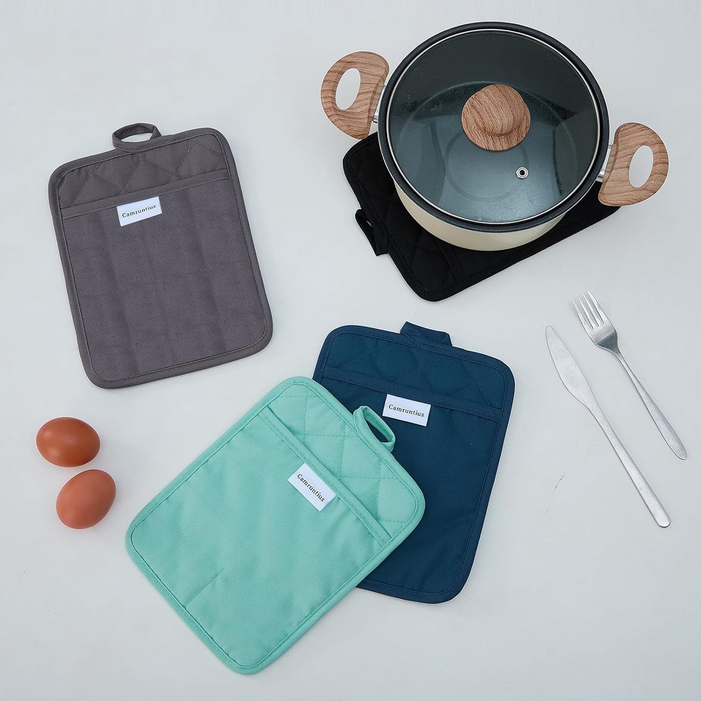 Kitchen Pot Holders, 7"x9", Rectangular with Pocket, Cotton and Neoprene Heat-Resistant Potholders for Cooking and Baking, Machine Washable, 3-Piece Set (Gray)