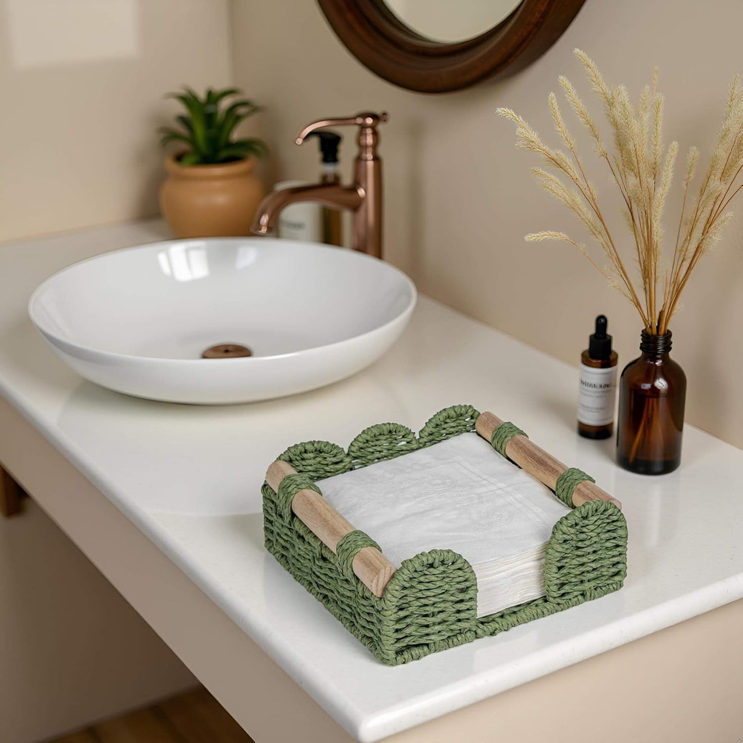CubesLand Scalloped Napkin Holder for Table, Farmhouse Warming Home Kitchen Decor, Paper Rope Flat Napkin Dispenser Guest Towel Tray for Bathroom, Disposable Napkin Basket for Dining Table, Green