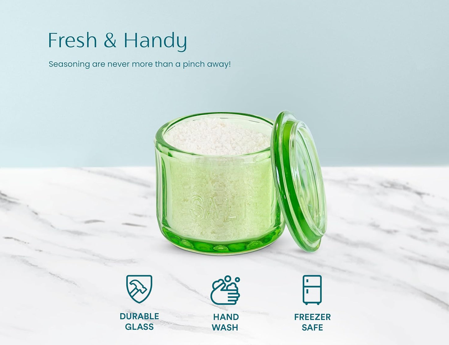 KooK Glass Salt Cellar, with Lid, Embossed Pressed Glass, Clear Storage Container, for Coffee, Sugar, Spices and Candies, 10 oz (Lime Green)