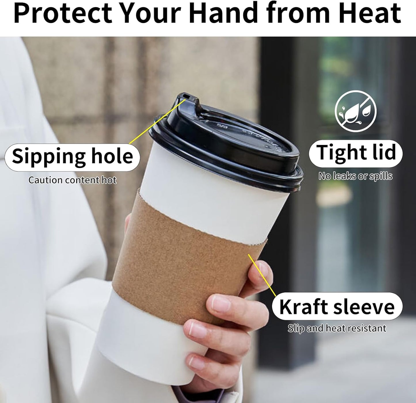 YEEHAW 16 oz 100 Pack Disposable Paper Coffee Cups with Lids & Sleeves, To Go Hot Cups for Coffee, Hot Beverage Drinking Cup, Ideal for Cafes, Bistros