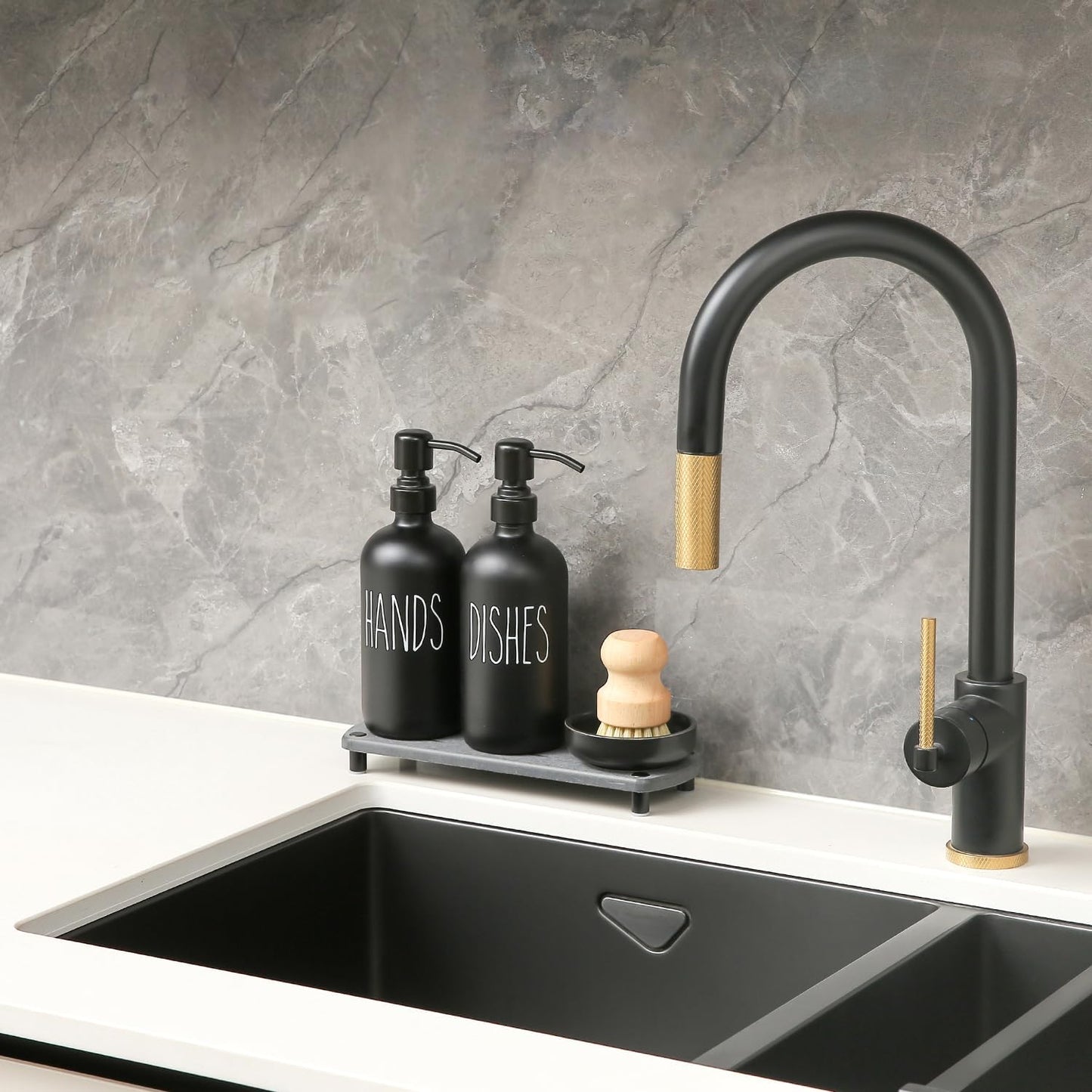 MOMEEMO Matte Black Soap Dispenser Set Comes with Stainless Steel Pumps, Instant Dry Tray, and Dish Scrub Brush, Suitable for Matte Black Kitchen Accessories. (Black)