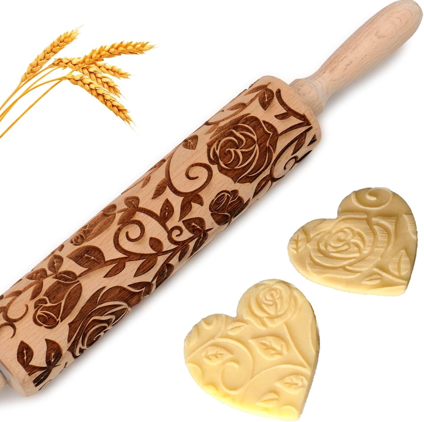 Floral Rose Embossed Rolling Pin for Baking Cookies Embossing Rolling Pins with Design Wooden Engraved Springerle Shortbread Roller Pin Flower Patterned Clay Pottery Ceramic Stamp Mold Bakers Women