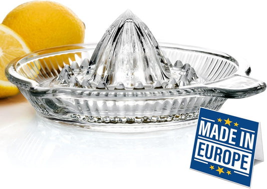 Crystalia Lemon Squeezer, Small Citrus Juicer, Extractor Manual Hand with Handle and Pour Spout, Lead-Free Heavyweight Crystal Clear Glass