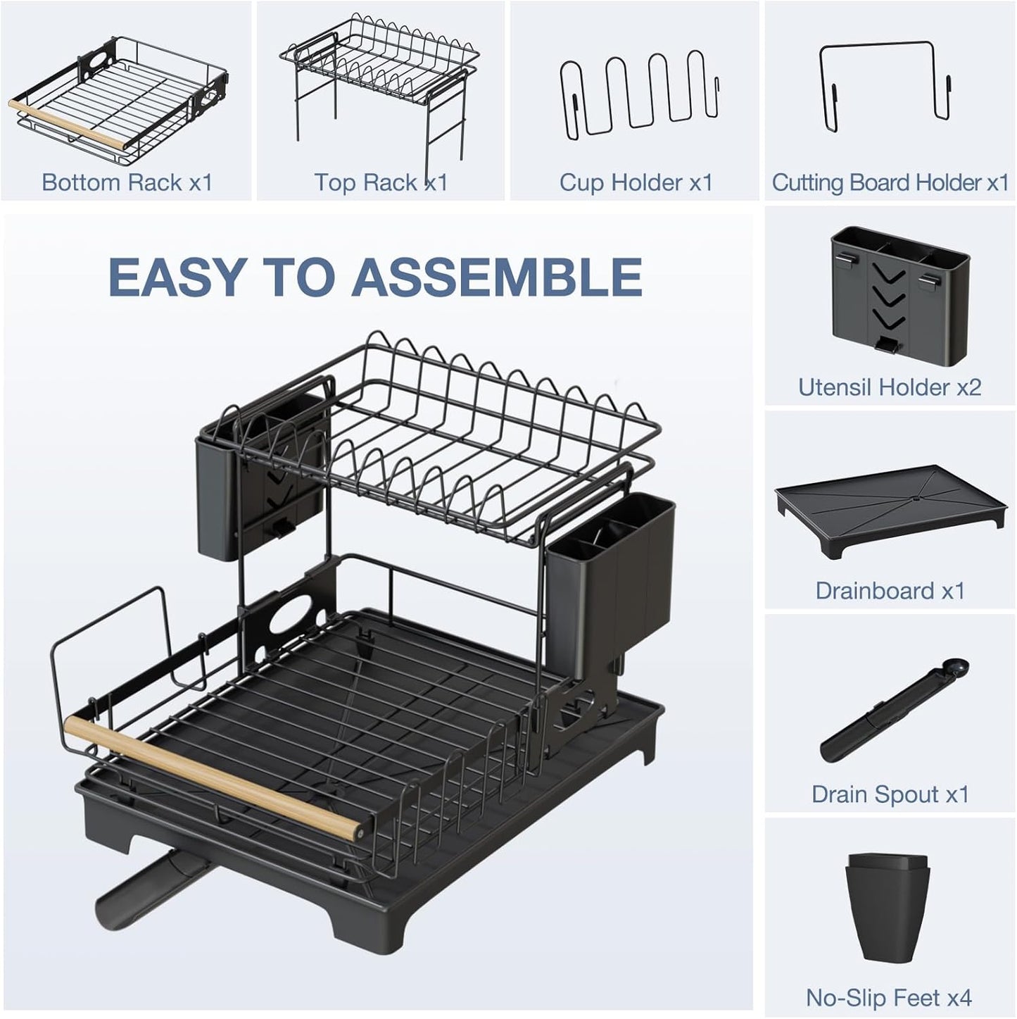 2 Tier Dish Drying Rack, Large-Capacity Dish Rack for Kitchen Counter, Anti-Rust Dish Strainer Rack with Drainboard Set, Kitchen Organizer with Cup Holder, Utensil Holder, Cutting-Board Holder