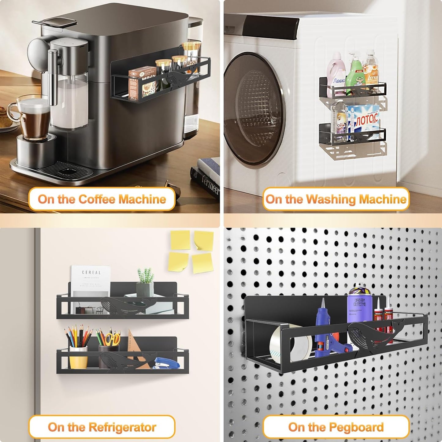 Magnetic Spice Rack for Refrigerator, 4-Pack Metal Seasoning Organizer for Kitchen Storage Organization, Magnetic Shelf for Fridge Space Saving Spice Organizer, Black