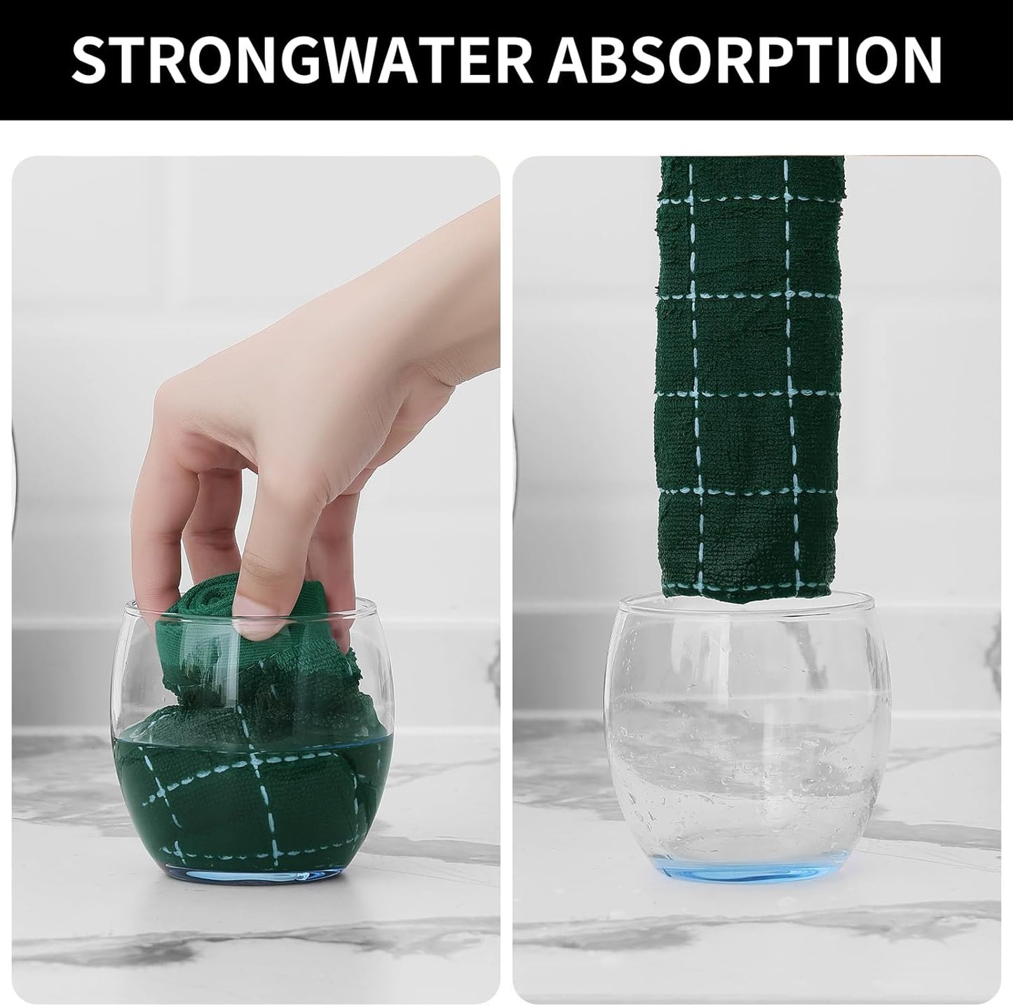 Homaxy 100% Cotton Terry Kitchen Towels(Dark Green, 13 x 28 inches), Checkered Designed, Soft and Super Absorbent Dish Towels, 6 Pack