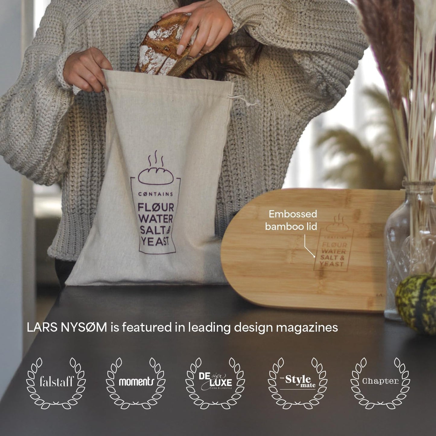 LARS NYSØM Bread Box I Metal Box with linen bag for long lasting freshness I Bread Bin with bamboo lid usable as cutting board I 14.2x7.5x5.1 In (Brick Red)