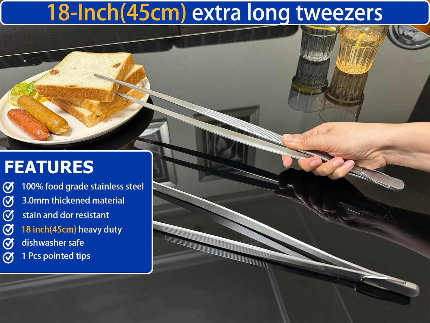 JETKONG 18 Inch (45cm) Extra Long Grill Tongs, Heavy Duty Stainless Steel Tweezer Tongs for Cooking, Grilling, Barbecue/BBQ, Buffet and Turning Food (Point Tips)