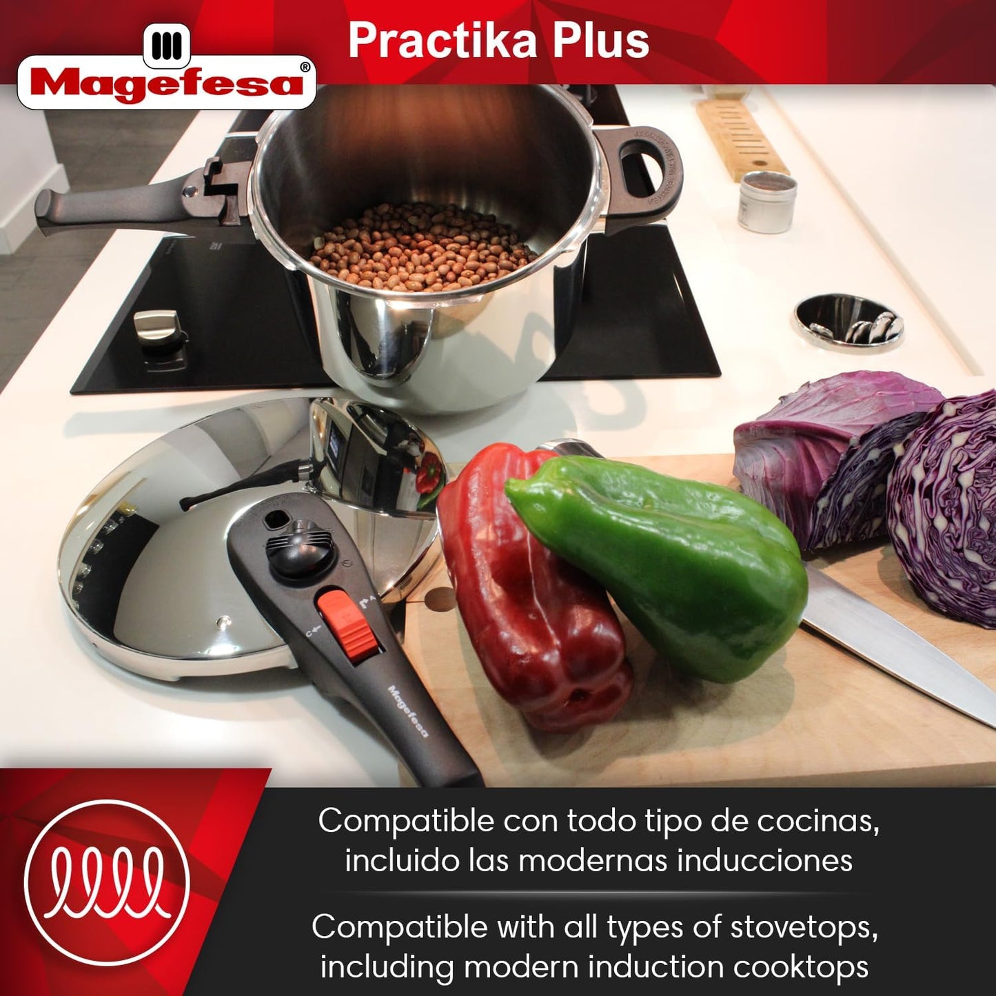 Magefesa Practika Plus, 8-Quart Pressure Cooker, 18/10 stainless steel, Induction Compatible, 5-Layer Heat Diffuser Bottom, 5 Safety Systems, Even Heat Distribution