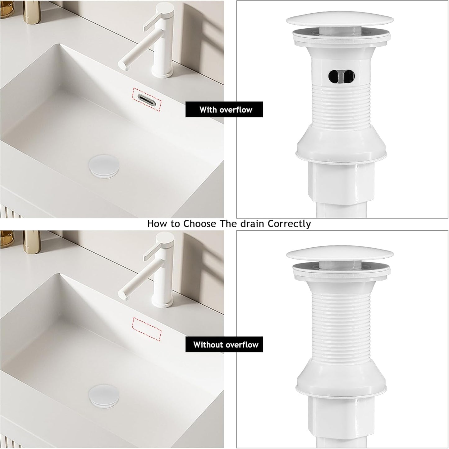 Bathroom Sink Drain,Drain Stopper Bathroom Sink Without Overflow,Pop Up Drain Assembly with Detachable Strainer Basket,Built-in Anti-Clogging, Stainless Steel Nut White