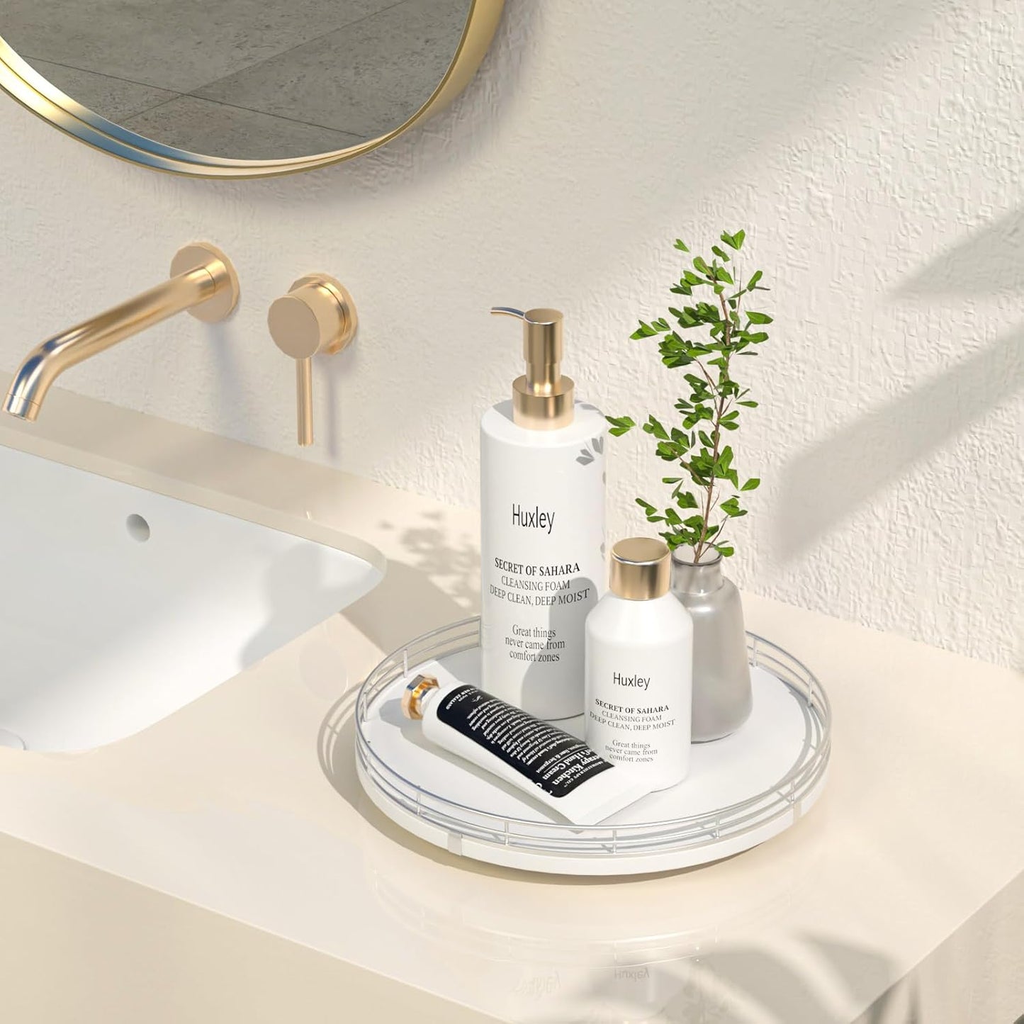 10" Oak Wood Bathroom Tray for Counter, Vanity Tray for Perfume Lotion Candle Makeup Jewelry Sink Soap Holder Turntable Dresser Organizer Countertop Coffee Table Decor Organization and Storage Silver