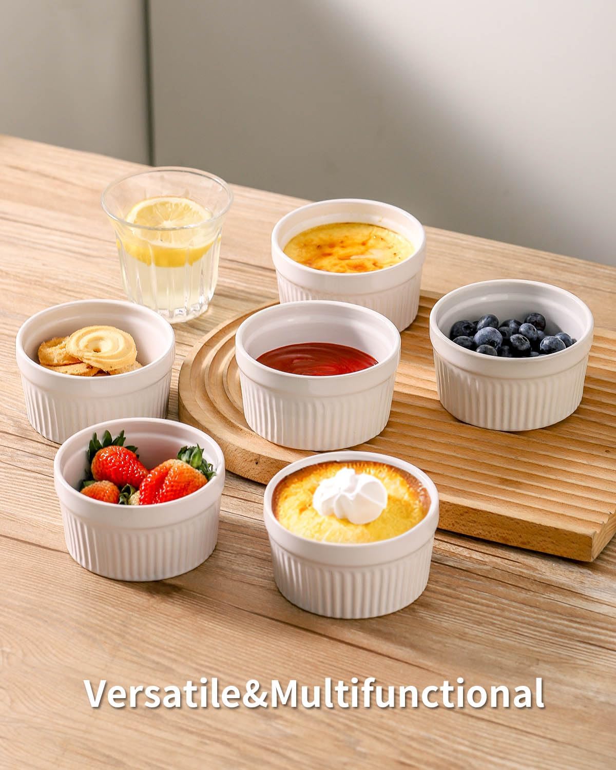 Hasense Ceramic Ramekins, 8 oz Creme Brulee Ramekins Set of 6, Porcelain Souffle Cups for Pudding, Dipping Sauce, Ice Cream, Custard, Ceramic Baking Dish, Dishwashing Safe, White