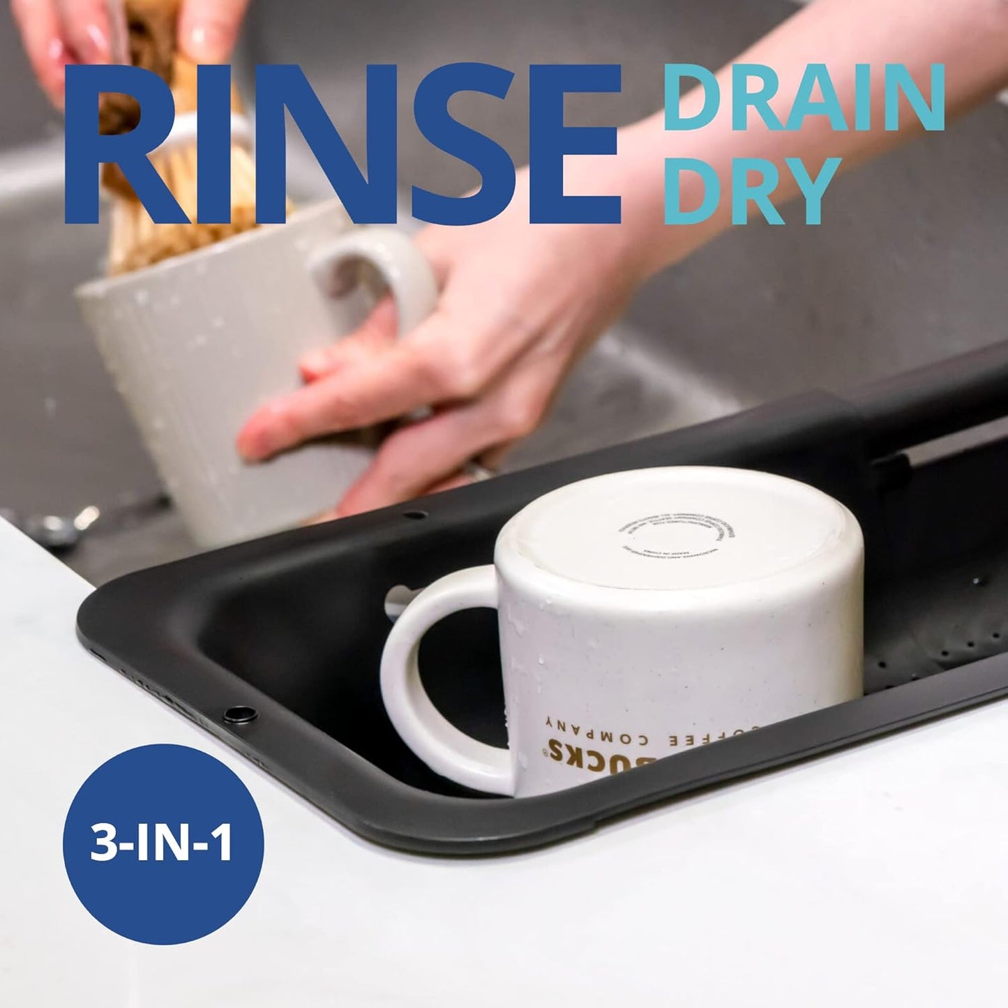 BLUE GINKGO Over the Sink Colander Strainer Basket - Wash Vegetables and Fruits, Drain Cooked Pasta and Dry Dishes - Extendable - New Home Kitchen Essentials - Black