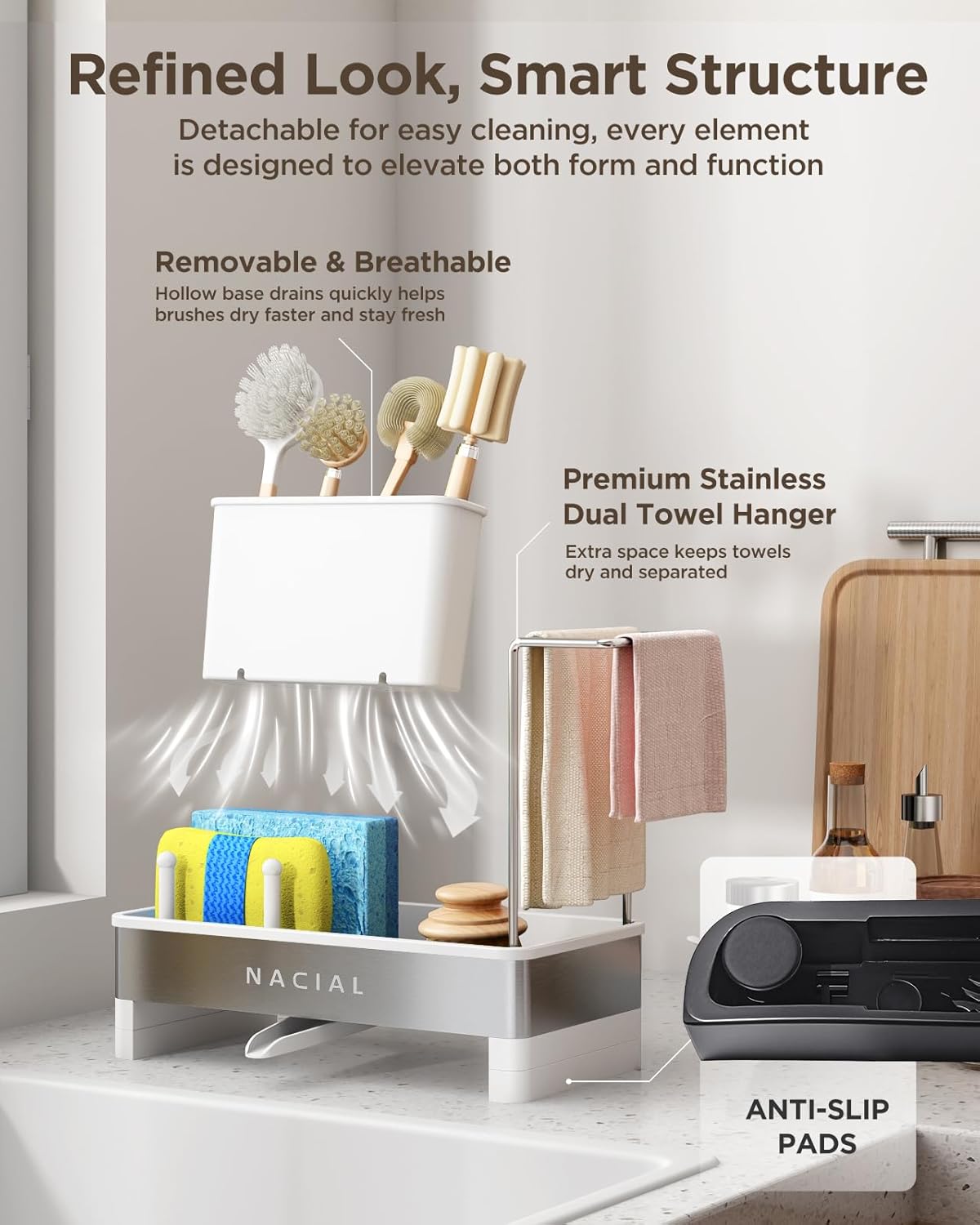 Nacial Sponge Holder for Kitchen Sink, Sink Caddy Organizer with High Brush Holder, Two Towel Racks & Soap Dispenser- Rustproof 304 Stainless Steel Kitchen Countertop Storage Essentials - White