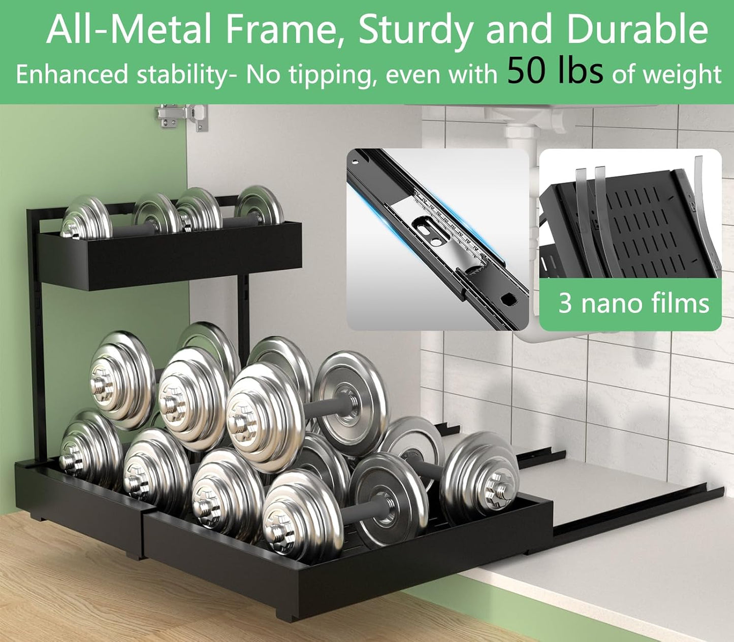 Under Sink Organizer and Storage, All Metal Heavy Duty Expandable Storage Basket, 2 Tier Bathroom Cabinet Organizer, Height Adjustable, Easy Pull Out, Black, 2 Pack