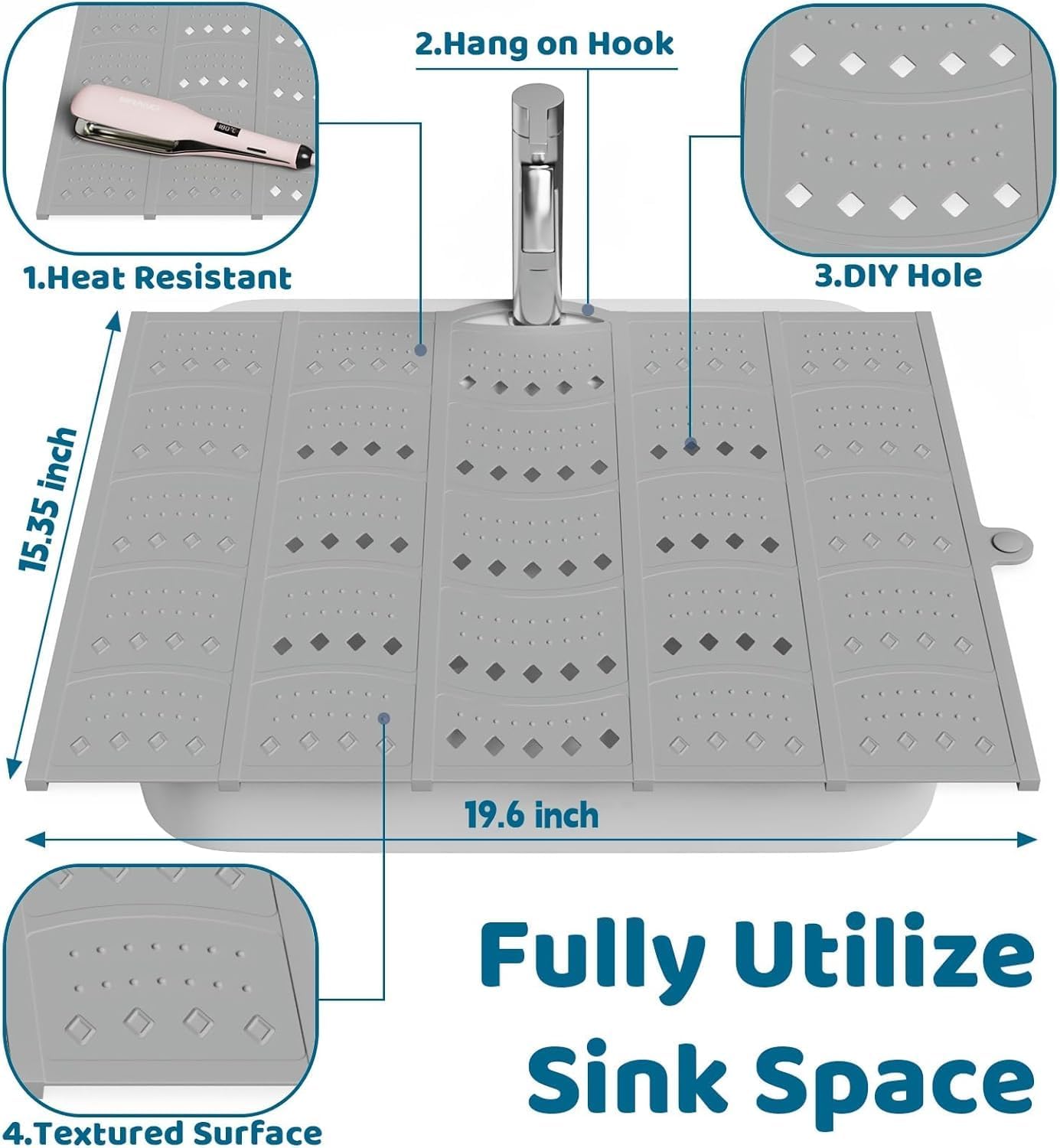 Bathroom Sink Cover for Counter Space, Sink Mat Foldable Sink Cover, Silicone Makeup Organizer Mat Space Saver, Small Bathroom & Rv Camper Travel Must Haves Accessories, Grey