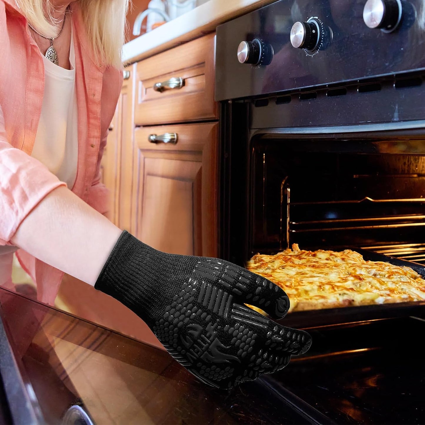 BBQ Gloves, Oven Gloves, 1472°F Extreme Heat Resistant Barbecue Gloves, Silicone Non-Slip Oven Mitts, Kitchen for Cooking, Grilling, and Baking (Black)