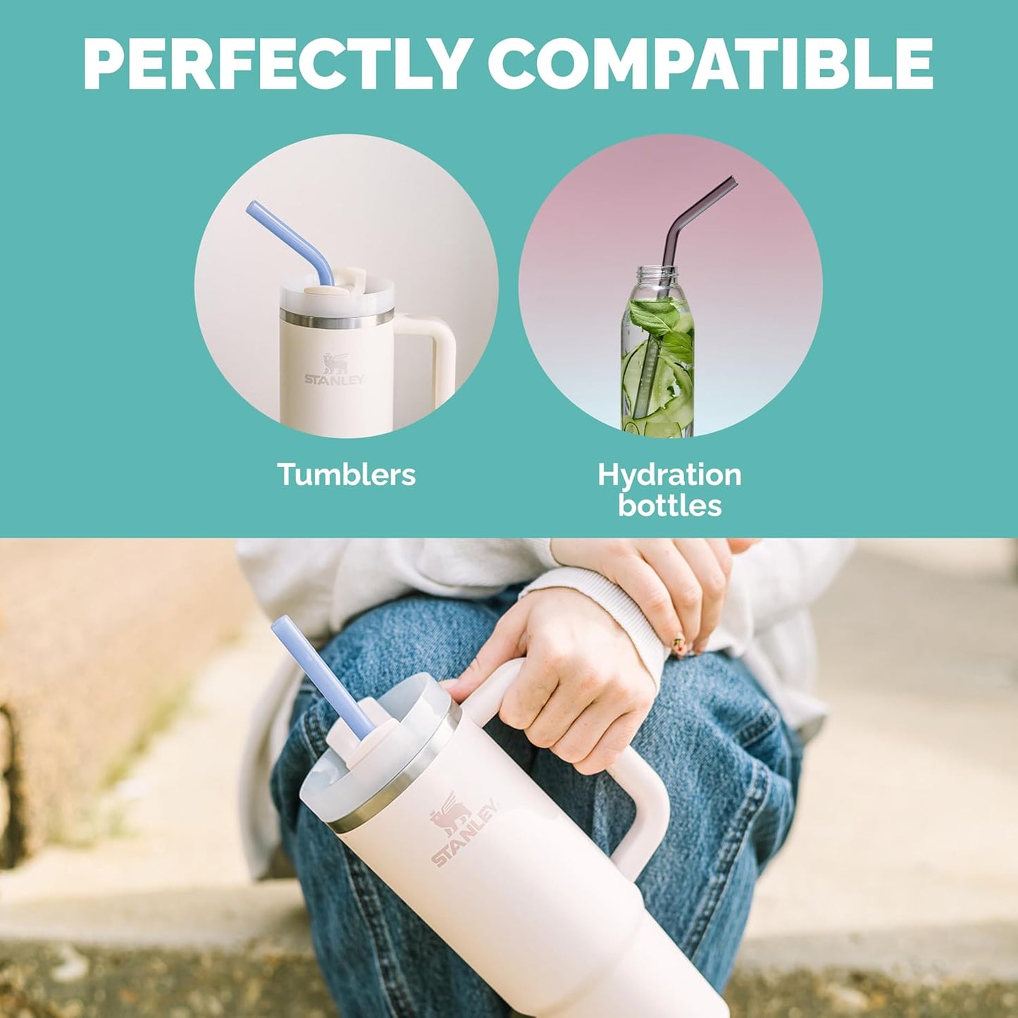 Simply Straws 12 Inch Glass Straws Straight (6-Pack) – Reusable Glass Straws for Stanley 40 Oz Tumbler, with Cleaning Brush – Durable, Dishwasher Safe, Hot & Cold Use, BPA-Free (Cote d'Azur)