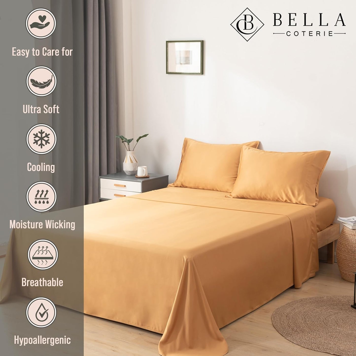 Bella Coterie Luxury Bamboo Viscose Cal King Size Sheet Set | 100% Organically Grown | Ultra Soft | Cooling for Hot Sleepers | 18" Deep Pocket [Marigold]