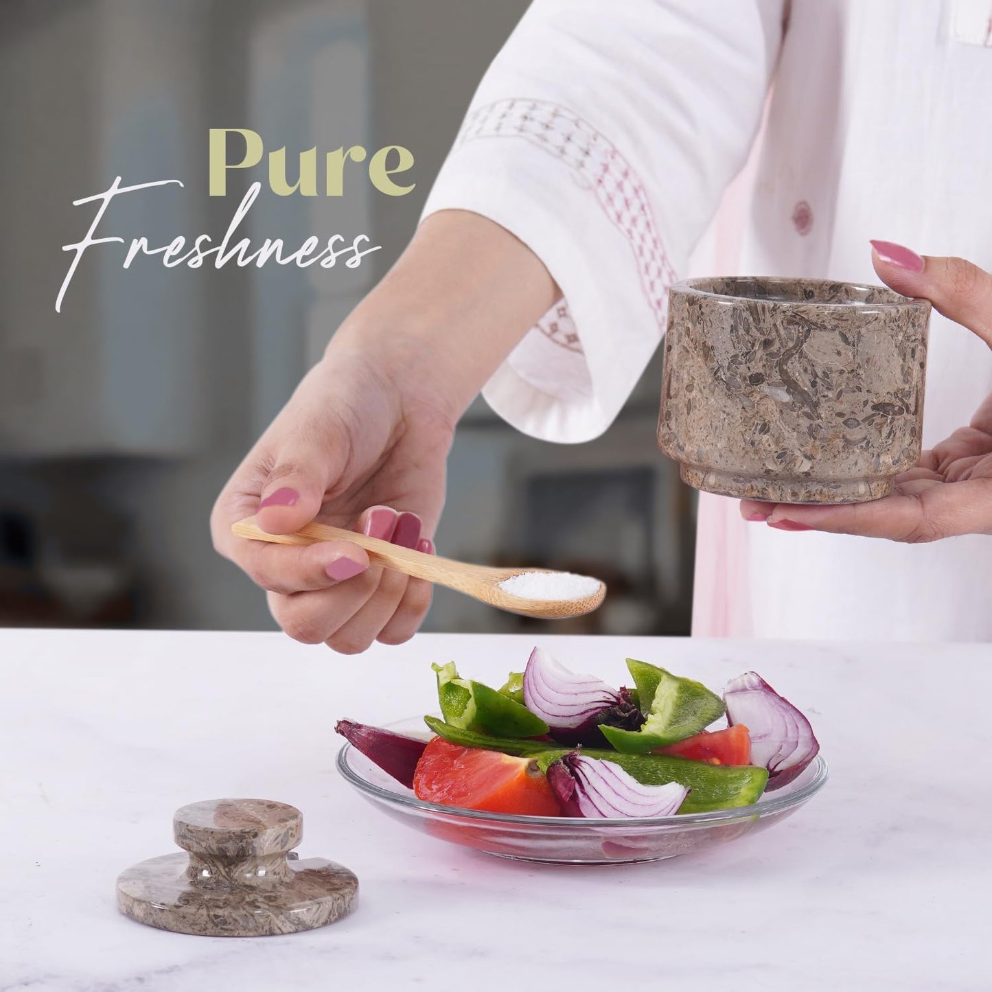 MARBLOUS KRAFTS Marble Salt Cellar with Lid 3" Inch Oceanic Salt Box, Seasoning Container & Spice Jars, Stone Salt Holder for Counter, Spice Jar