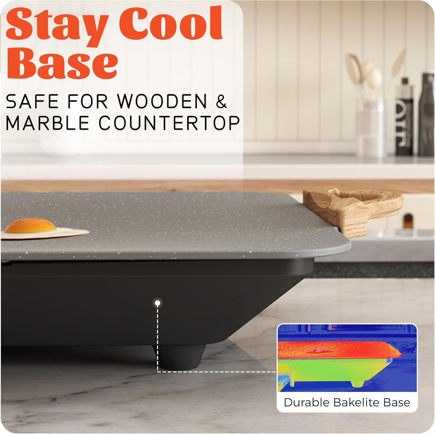 12x20inch Electric Griddle by BBQ Masters, 1700W Fast Even Heating, ILAG Granite Nonstick, Sloped Cooking Surface, Frameless Design for Easy Cleaning, Great for Family Gatherings, Grey