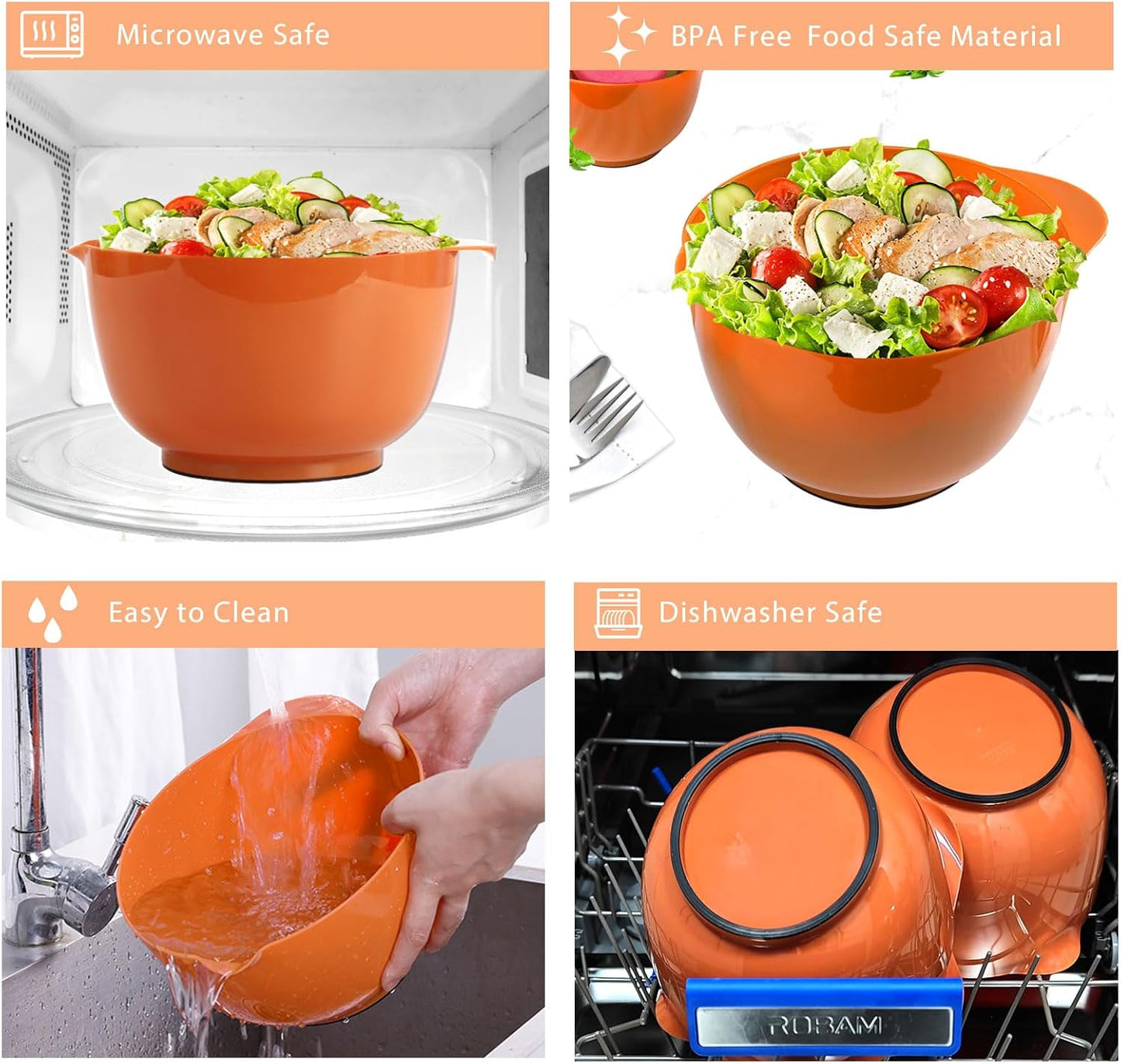 BoxedHome Nesting Plastic Mixing Bowl Set, 4 Piece Mixing Bowl Set with Pour Spouts, Size 1.7, 2.5, 3.5 and 4.5qt, for Prepping, Mixing, Baking, Cooking, Brownish Orange
