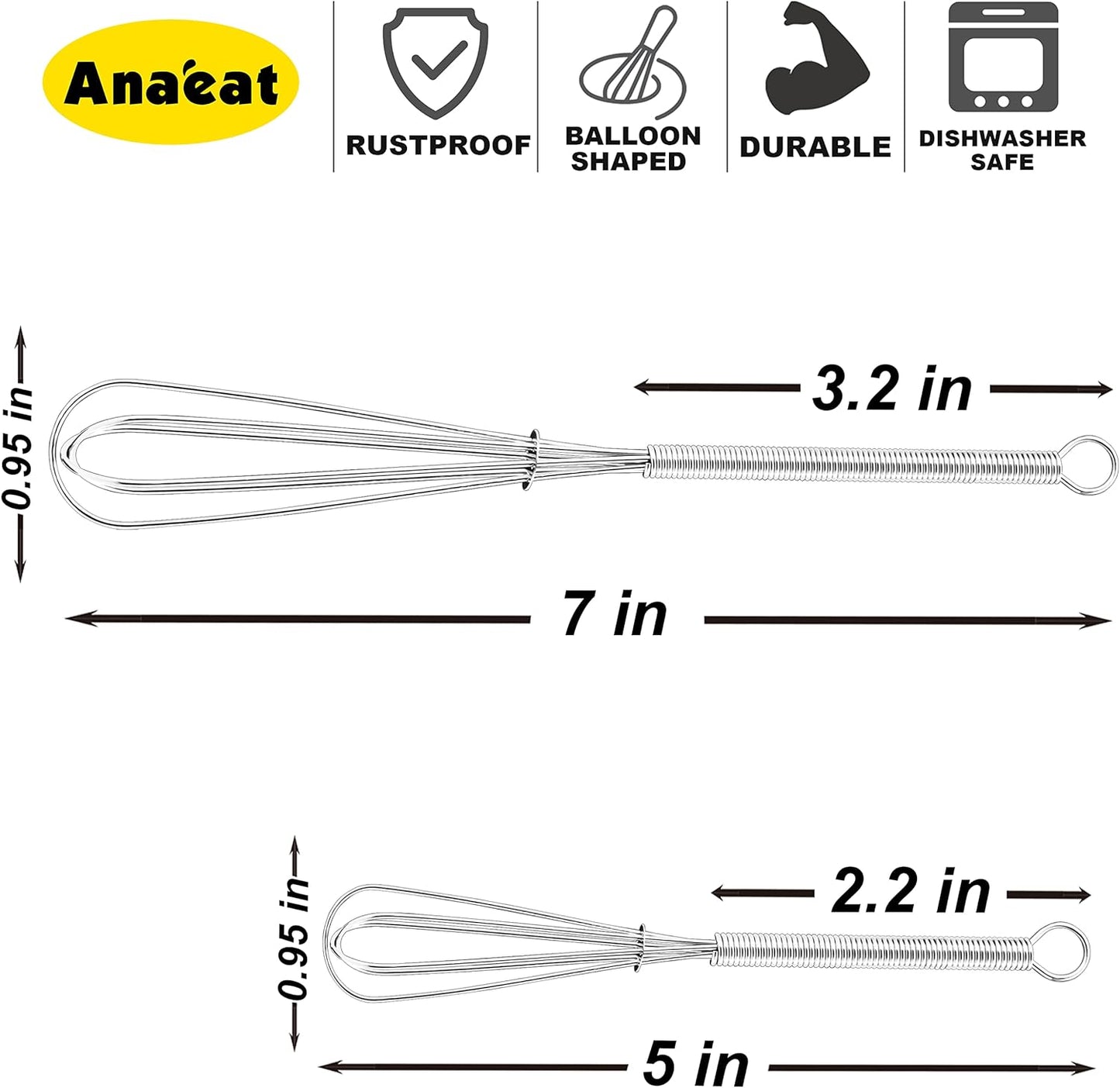 Anaeat Mini Wire Whisks, Set of 4 Portable Stainless Steel Kitchen Tiny Whisk & Egg Beater with Thick Wire - Sturdy Small Mixing Balloon for Cooking, Blending, Whiping, Beating and Stirring (5" + 7")