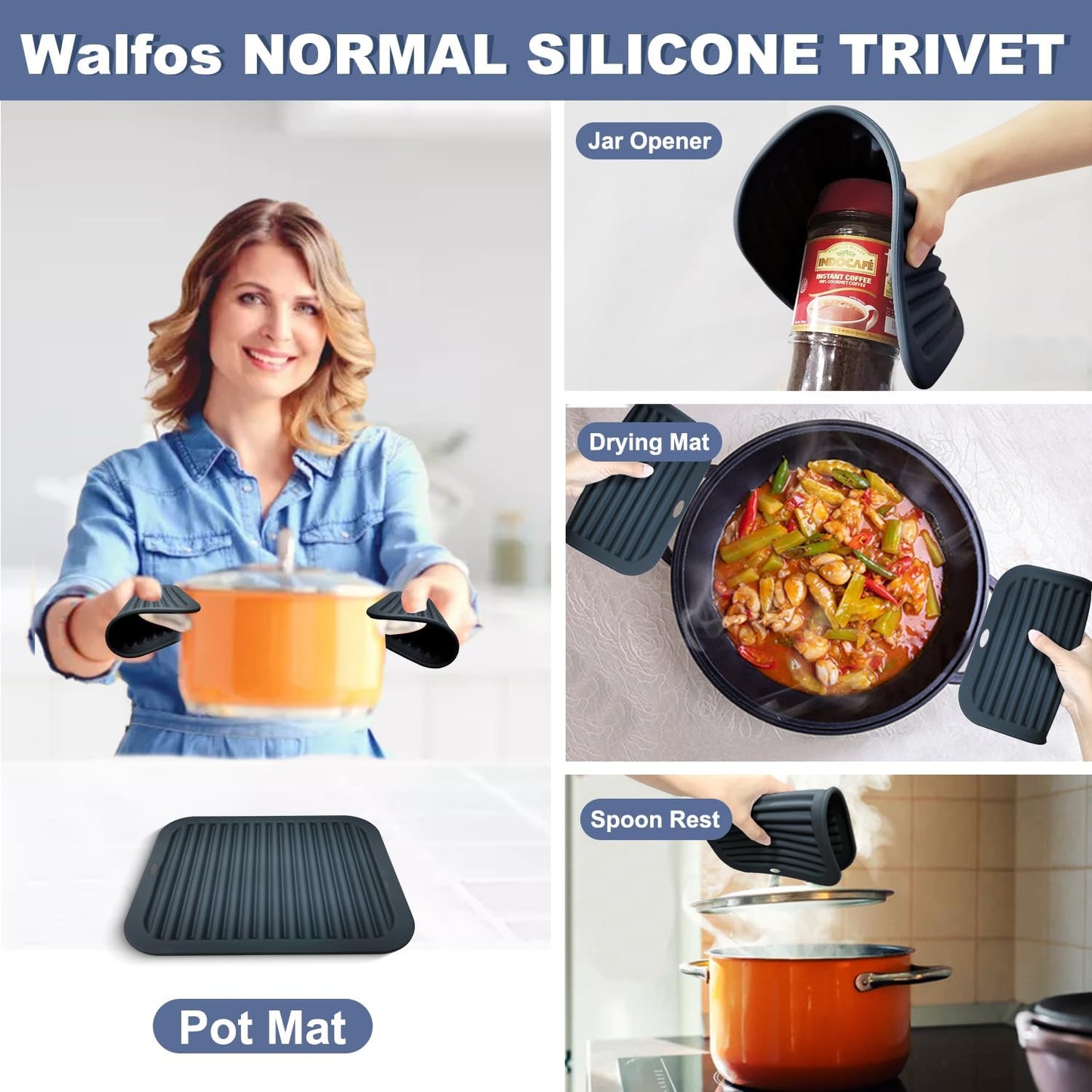 Walfos XXL Silicone Trivet 16 Inch and Trivets Mats 12 Inch, Trivets for Hot Pots and Pans, Heat Resistant Pot Holders Hot Pads for Kitchen Quartz Countertops, Hot Dishes, 6 Pack