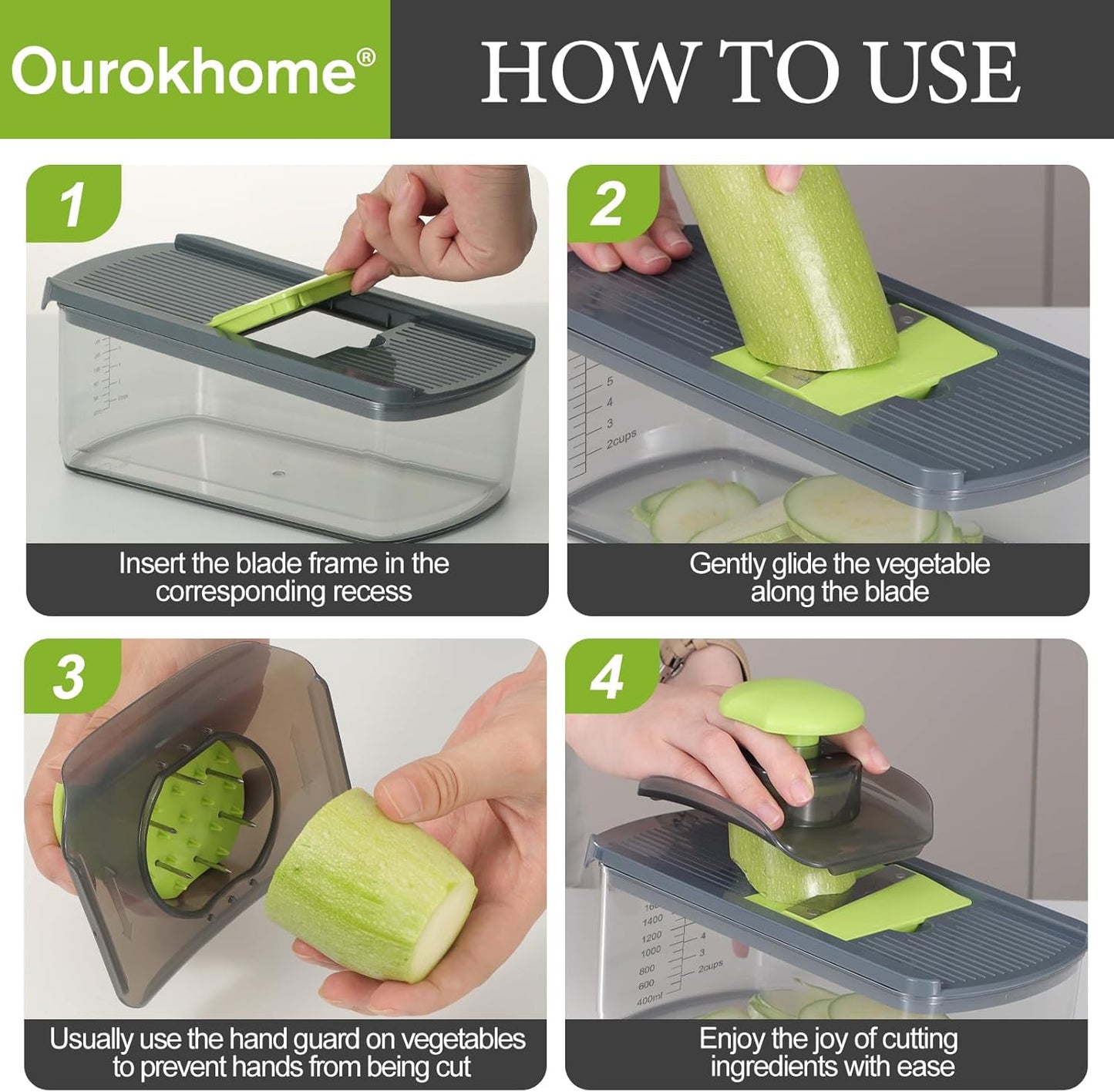 Ourokhome Mandolin Slicer for Kitchen Food, Hand Safe Vegetable Shredder with 6 Mandoline Blades, Veggie Waffle Cutter for Potato, Carrot, Zucchini, Onion, Essential Kitchen Gadgets (6 in 1, Gray)