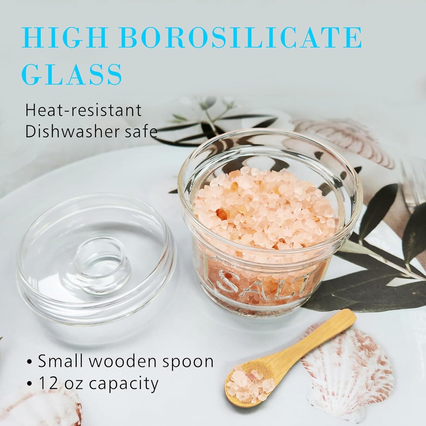Glass Salt Cellar with Lid Salt Container with Spoon for Countertop Embossed Pattern Salt Box for Storing Sea Salt Flaky Salt Spice 12oz Capacity Holder,Dishwasher Safe