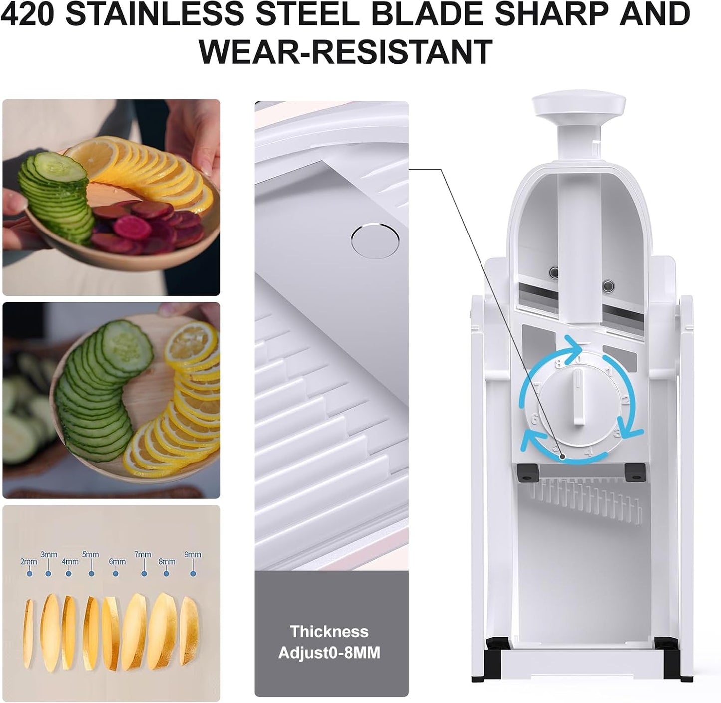 Safe Mandoline Slicer for Kitchen, Meal Prep, Potato Slicer, Adjustable/Easy to Clean/Storage, Kitchen Chopping Artifact, French Fry Cutter, Paring Knife/Cleaning Brush (only Slice, White)