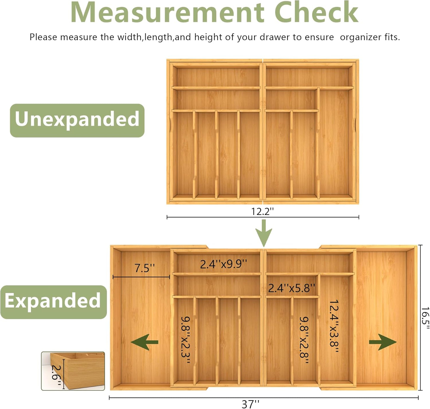 Suli Large Silverware Drawer Organizer，Adjustable Kitchen Flatware for Forks Knives and Spoons， Bamboo Cutlery Utensil Holder,Expandable from 12in-37in，Natural Bamboo