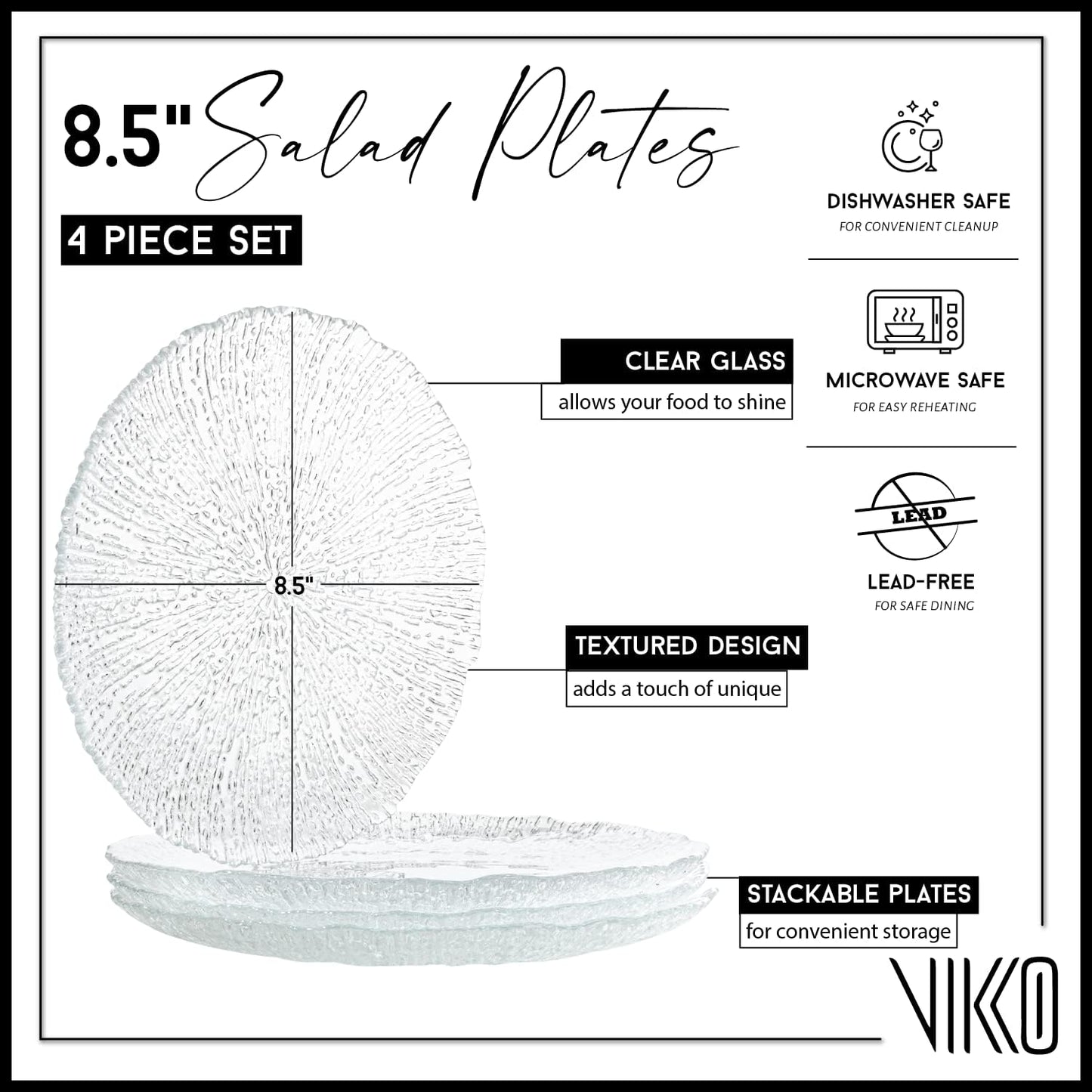 Vikko Salad Plate, Set of 4 Glass Plates, 8.5 Inch Dessert, Salad, Appetizer Plate, Elegant Textured Glass Design, Stackable Plates, Dishwasher Safe