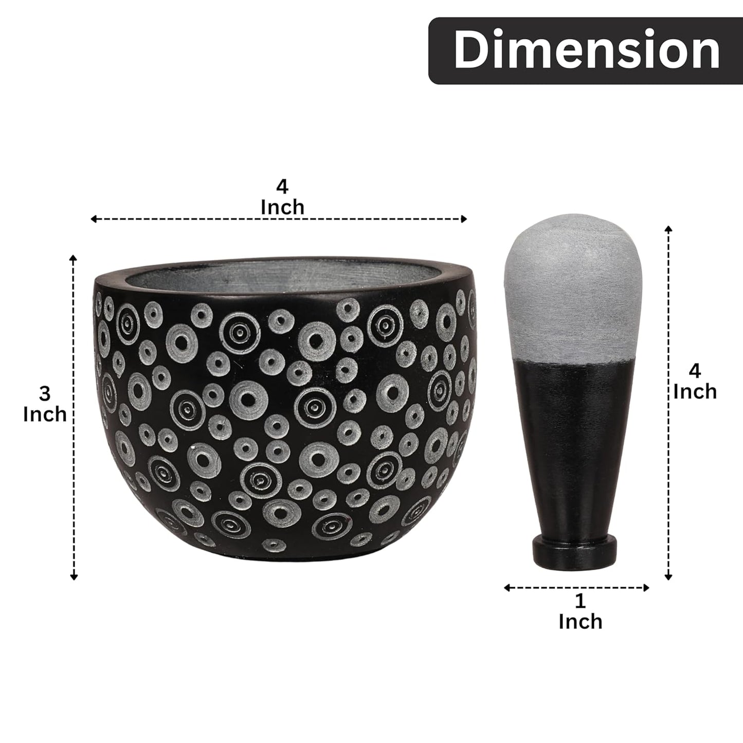 Mortar and Pestle, Made of Heavy Duty Polished Hard Stone, Natural Stone Grinder for Spices, Pastes, Herbs, Seasoning etc. (Dots)