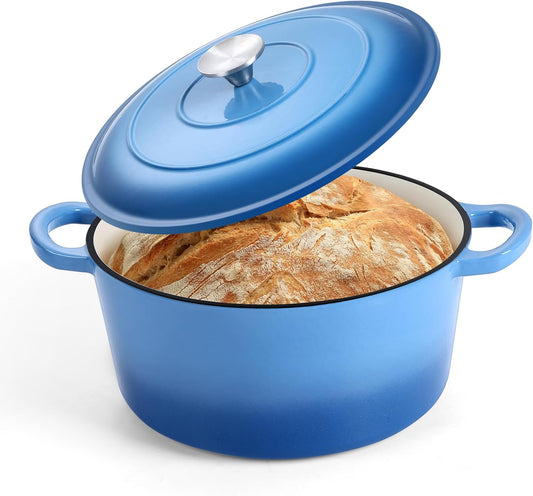 P&P CHEF 5QT Enameled Dutch Oven, Cast Iron Dutch Oven Pot with Lid for Bread Baking, Enameled Casserole Pot for Roasting Braising Stewing Frying Simmering, Various Stoves & Easy Clean, Blue