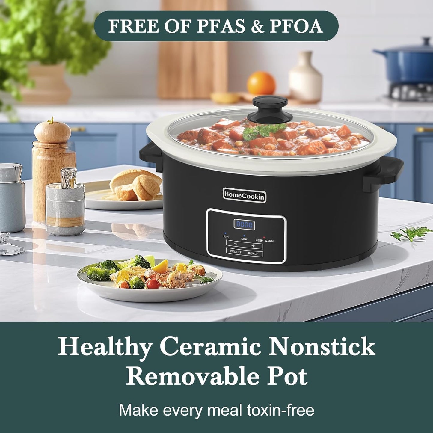 HOMECOOKIN 6-Quart Programmable Slow Cooker with Timer - Small Kitchen Appliance for Family Dinners - Serves 6+ People - Heat Settings: Keep Warm(Black)