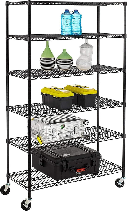 FDW 48" L×18" W×76" H Wire Shelving Unit Metal Shelf with 6 Tier Casters Adjustable Layer Rack Strong Steel for Restaurant Garage Pantry Kitchen Garage,Black