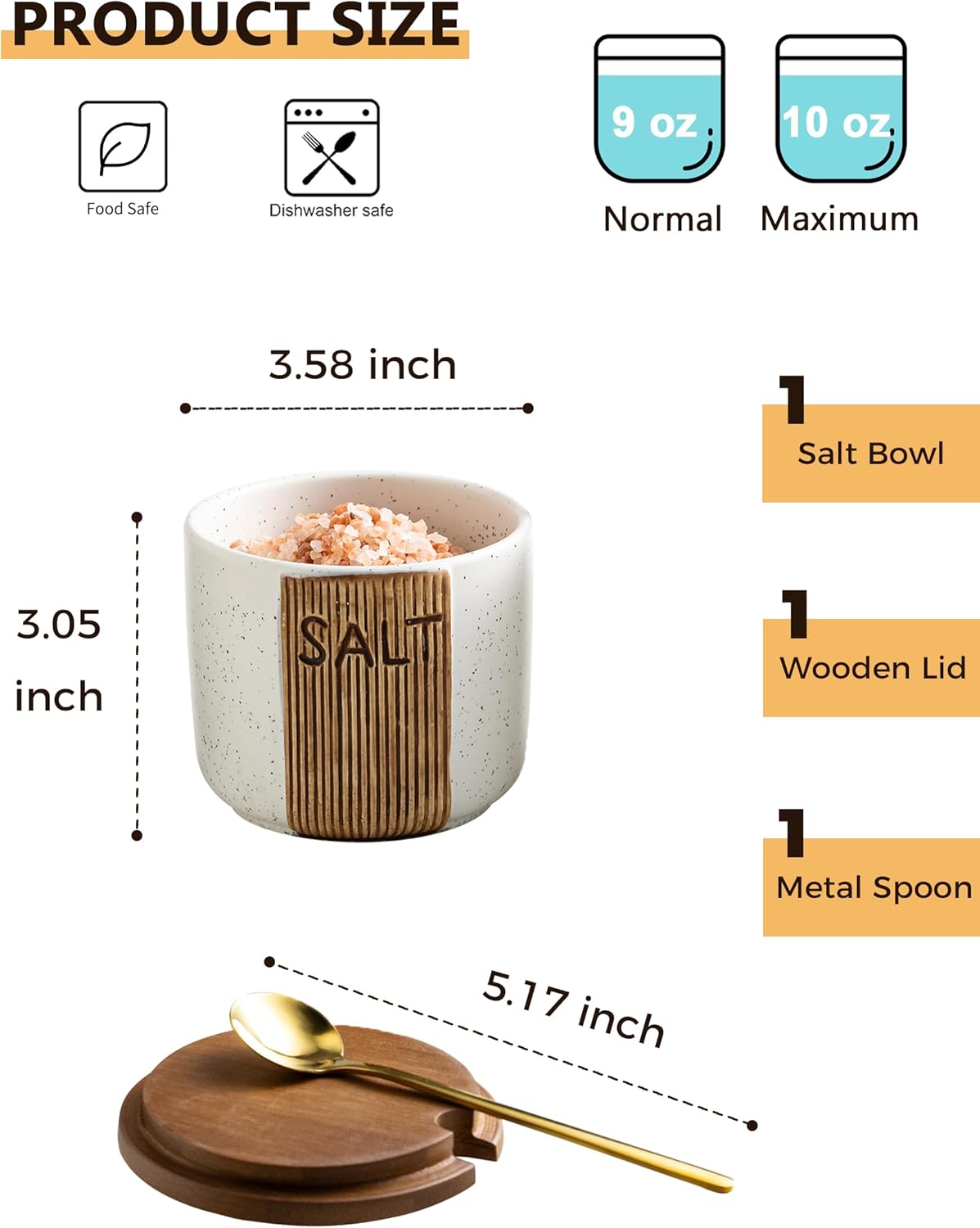 Salt Container for Countertop, Ceramic Salt Cellar with Lid and Spoons, 10 OZ Salt Bowl Holder, White