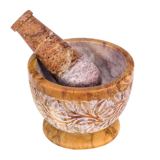 Mortar and Pestle, Made of Heavy Duty Polished Hard Stone, Natural Stone Grinder for Spices, Pastes, Herbs, Seasoning etc. (Mix Color with Engraving)