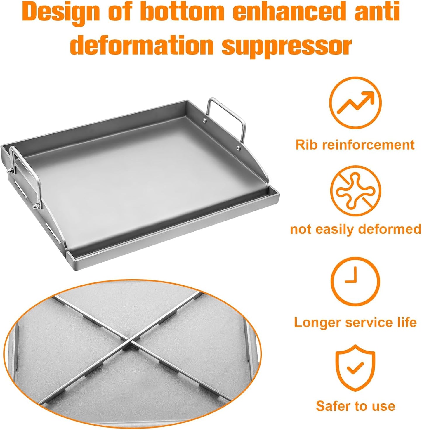 ABYDA Universal Stainless Steel Cooking Griddle, Heavy-Duty 4mm Strengthen thickness, Flat Top Plate Insert with Grease Groove and Removable Handles for Gas/Charcoal/Stove, 25" x 16"× 2.5“