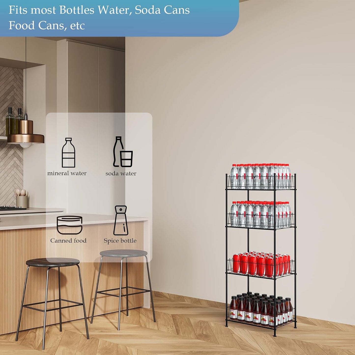 ETELI Water Bottle Organizer 4 Tier FreeStanding Water Bottle Holder Storage Rack Floor Metal Drink Soda Can Organizer for Pantry Kitchen Food Storage, Black