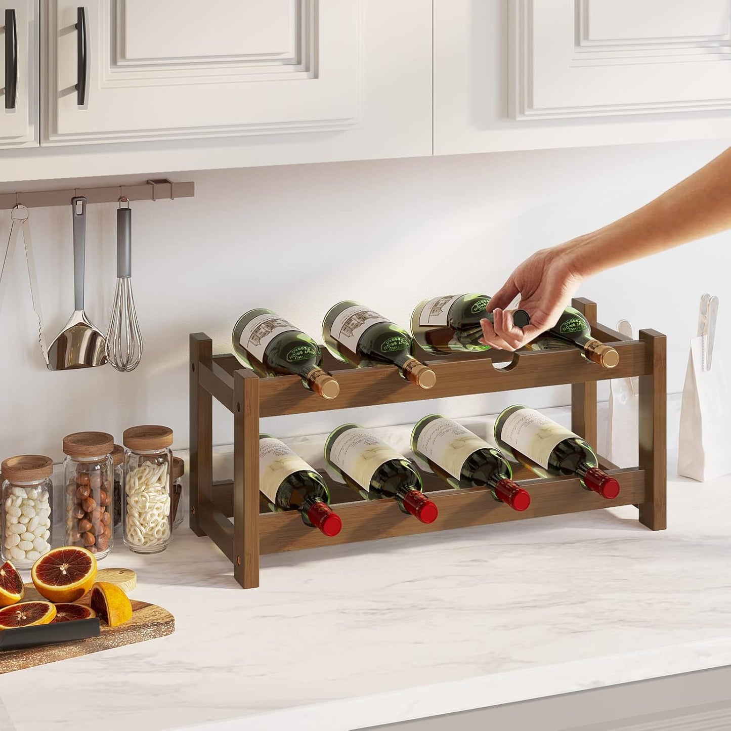 BAMEOS Bamboo Wine Rack, 2 Tier Wine Racks Countertop Storage, Wine Bottle Holder Wine Rack freestanding Floor for Kitchen, Bar, Pantry, Wine Cellar, Basement,Study，Maroon (16.85 L x 9.25W x 7H)