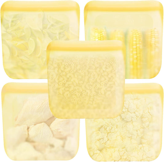 purifyou Set of 5 Reusable Silicone Storage Snack Bags 6oz / 16oz / 32oz / 64oz Self-Seal Food Storage Container for Fruits, Vegetables, Sandwiches, Dishwasher Safe & Leak-free (PastelYellow, 32oz)