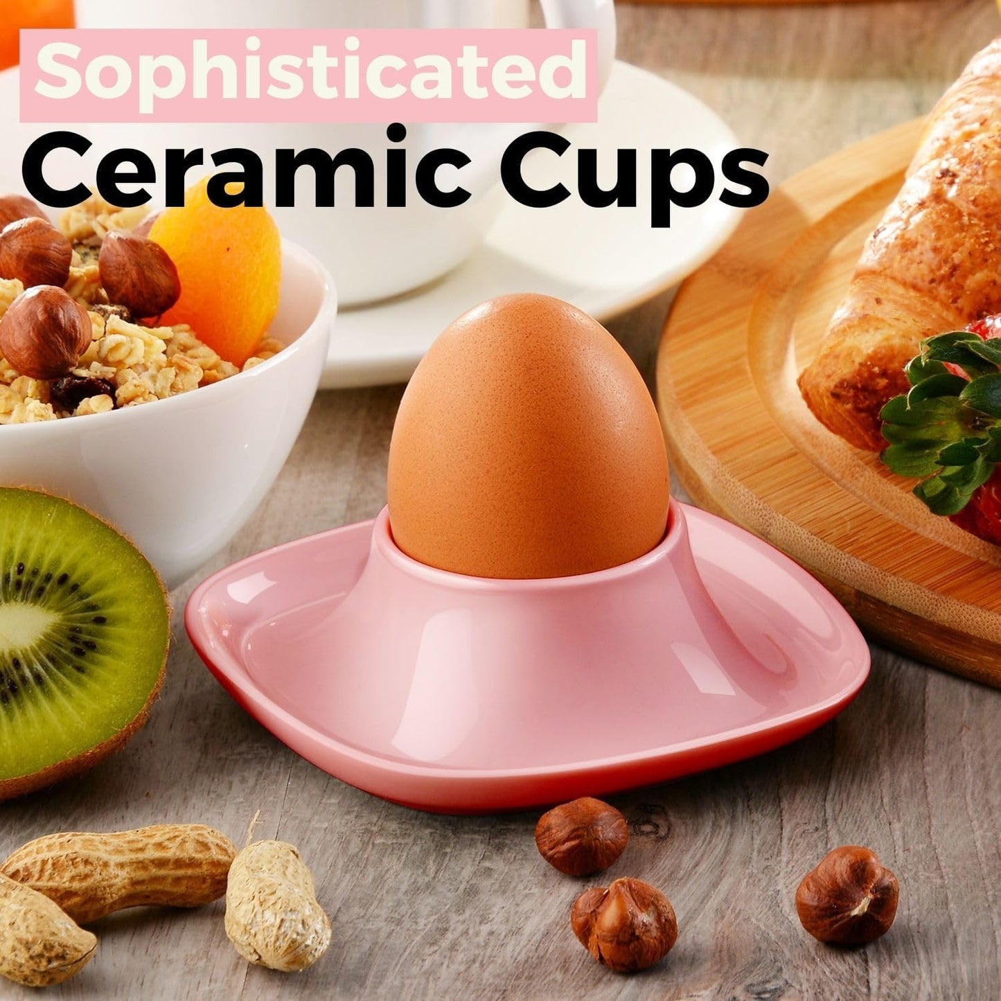 Flexzion Egg Cups for Soft Boiled Eggs - Set of 6 Ceramic Egg Holder - Stackable Egg Coddler Cups with Base for Serving, Breakfast, Brunch - Kitchen Table Decor, Pink