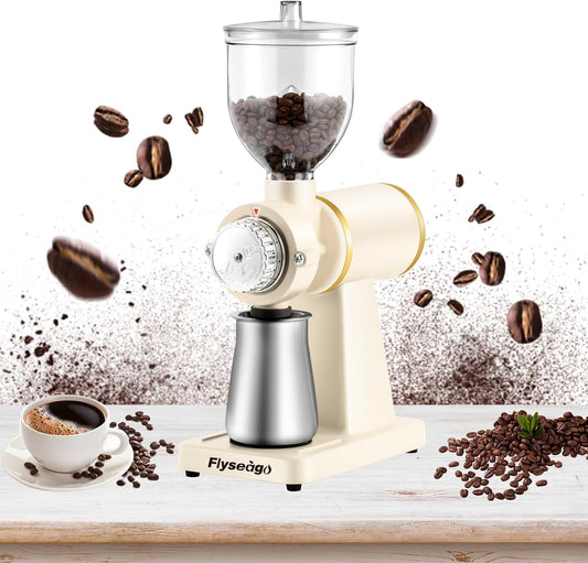 Electric Coffee Grinder Burr Espresso Coffee Bean Grinder Small Automatic Stainless Steel Coffee Mill With Brush, Creamy White