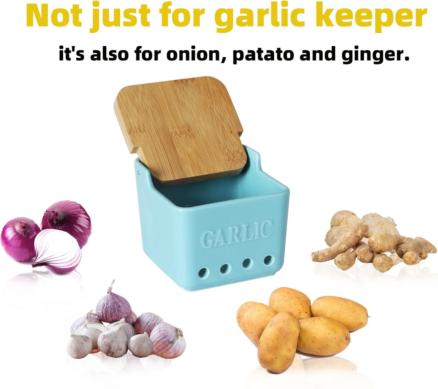 ONTUBE Garlic Keeper with Lid, Ceramic Garlic Holder Storage, Garlic Container for Kitchen, Garlic Saver to Keep Your Garlic Cloves Fresh Longer 4.7-Inch, Turquoise