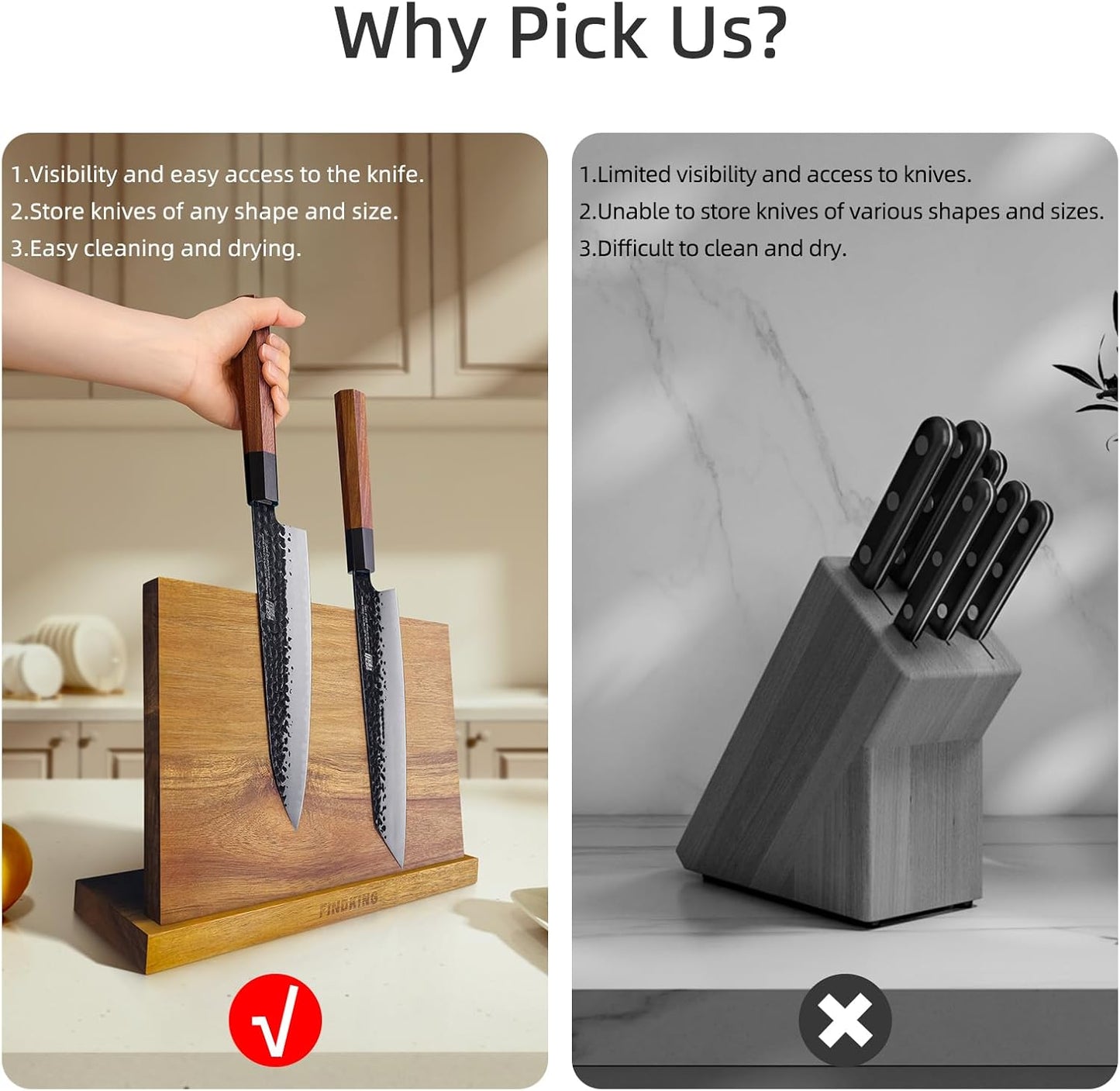 FINDKING Magnetic Knife Block, Teak Wood Utensils Holder, Strong Magnet Stand for Kitchen Counter (10.8 x 8 Inches, Without Knives)