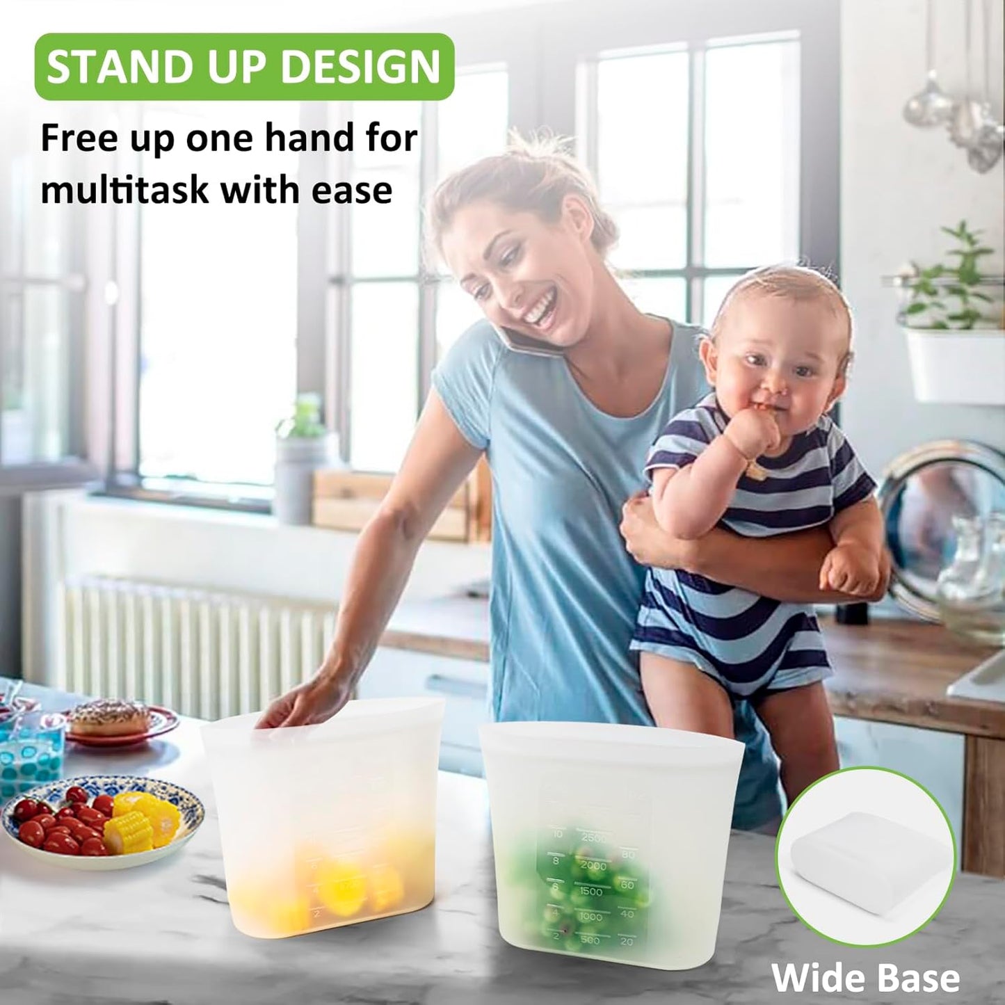 Reusable Storage Bags, Set of 2 Large Sizes, 8 Pack 100% Silicone Food Storage Bags Stand Up Zip Lock Bag for Food, Freezer Microwave Oven Dishwasher Safe, 4 XL-4/5 Gallon, 4 L-1/2 Gallon, Translucent