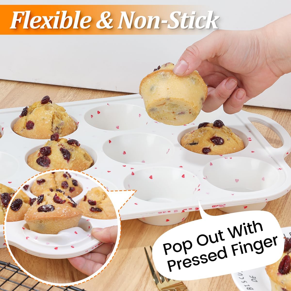 Regular Size Muffin Pan with Metal Reinforced Frame, Silicone Cupcake Pan Easy to Handle Nonstick 12 Cups Silicone Muffin Pans for Baking BPA Free 2 Pack